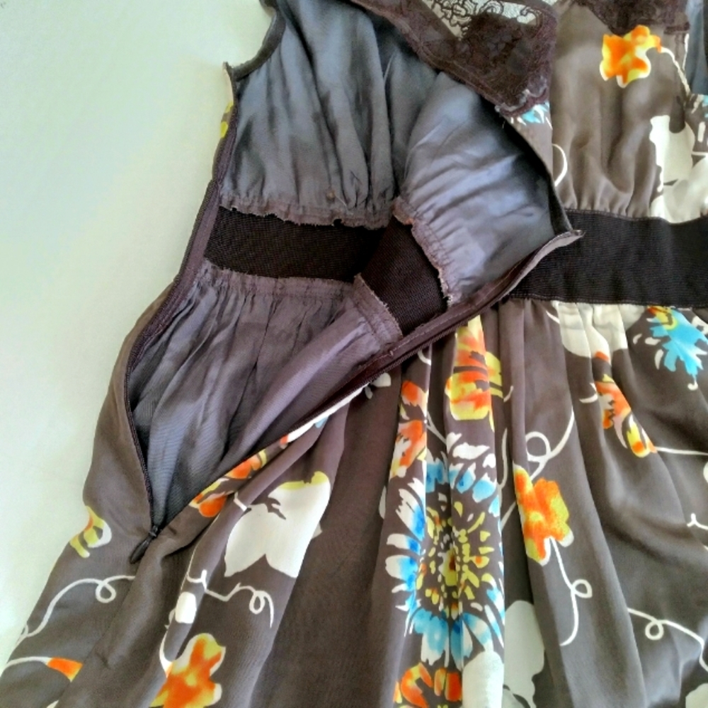 Free People Lace Strap Sleeveless Floral A-line Dress Brown Multi Tulle Trim 2 - Picture 9 of 13